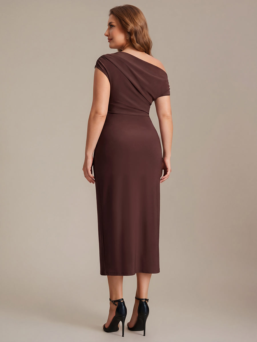Robe midi moulante asymétrique à une épaule haute élasticité #Couleur_Marron chocolat