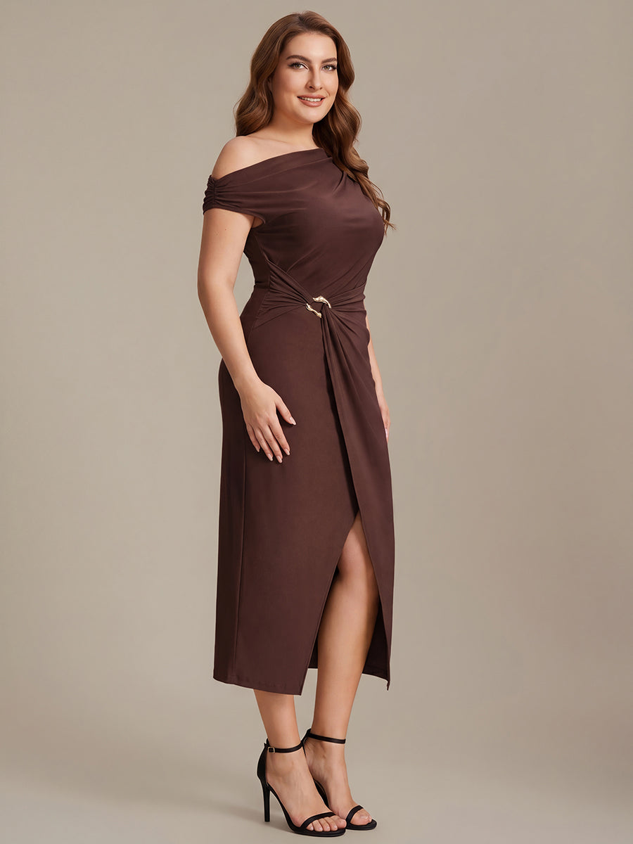 Robe midi moulante asymétrique à une épaule haute élasticité #Couleur_Marron chocolat