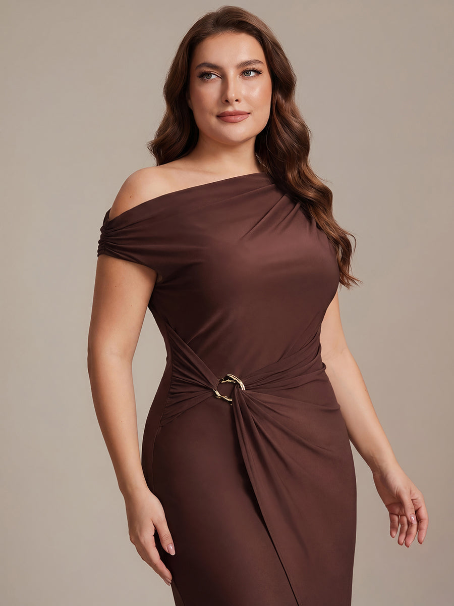 Robe midi moulante asymétrique à une épaule haute élasticité #Couleur_Marron chocolat