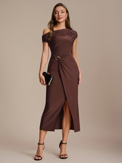 Robe midi moulante asymétrique à une épaule haute élasticité