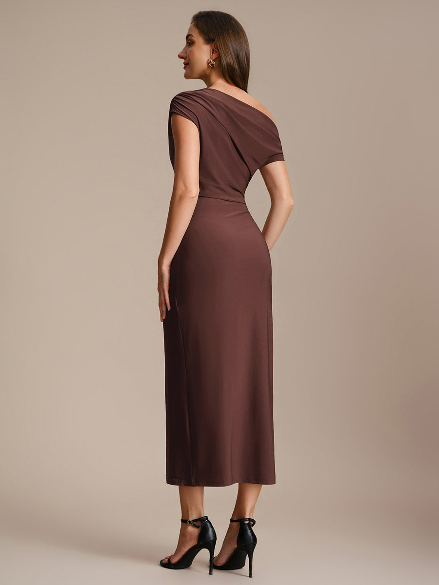 Robe midi moulante asymétrique à une épaule haute élasticité #Couleur_Marron chocolat