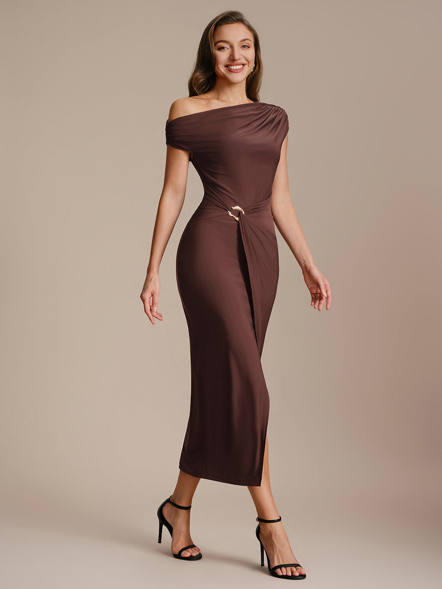 Robe midi moulante asymétrique à une épaule haute élasticité #Couleur_Marron chocolat