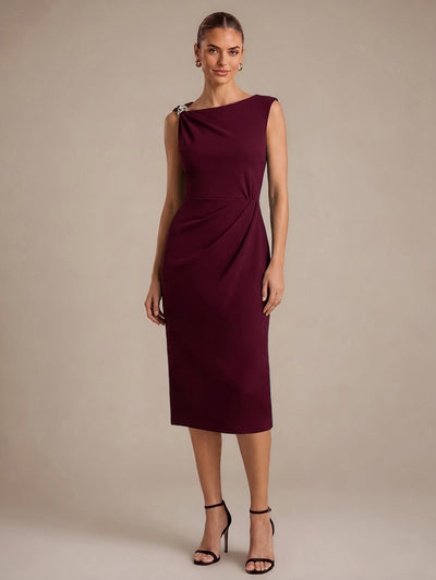 Robe midi ajustée sans manches à encolure asymétrique avec fermeture éclair au dos