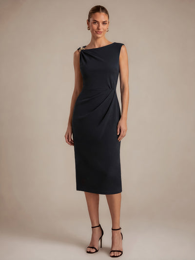 Robe midi ajustée sans manches à encolure asymétrique avec fermeture éclair au dos