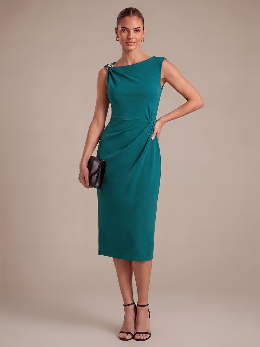 Robe midi ajust¨¦e sans manches ¨¤ encolure asym¨¦trique avec fermeture ¨¦clair au dos #Couleur_Bleu Canard