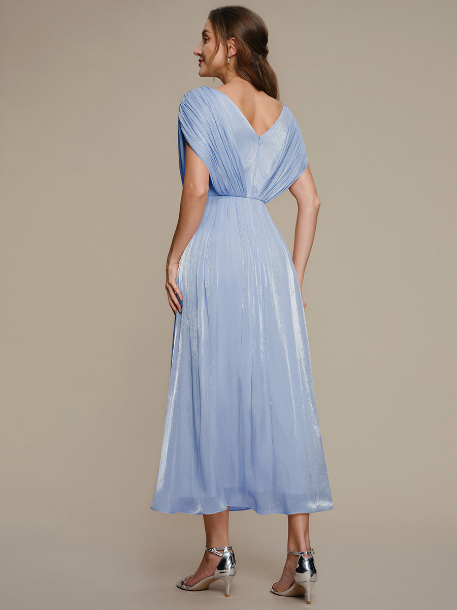 Robe mi-longue ligne A à manches chauve-souris col en V ornée de strass #Couleur_Marine Fume