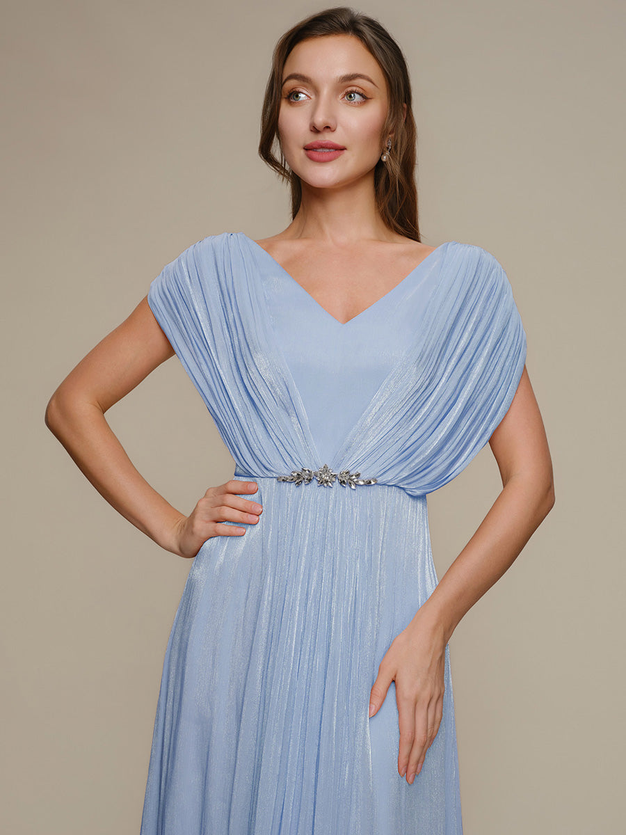 Robe mi-longue ligne A à manches chauve-souris col en V ornée de strass #Couleur_Marine Fume