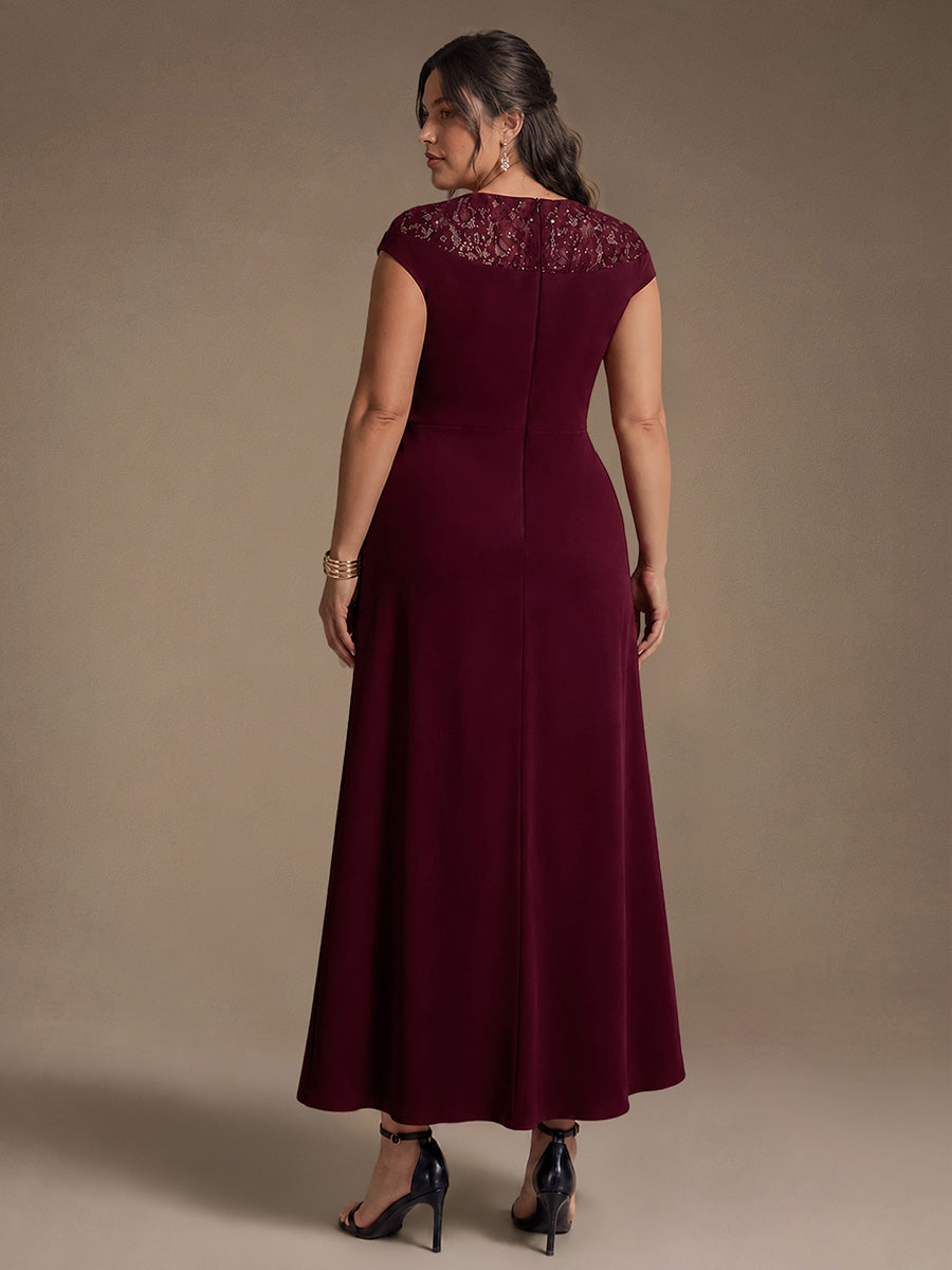Robe A-Line ¨¤ sequins avec manches courtes et d¨¦tails transparents col rond et ourlet asym¨¦trique #Couleur_Bordeaux