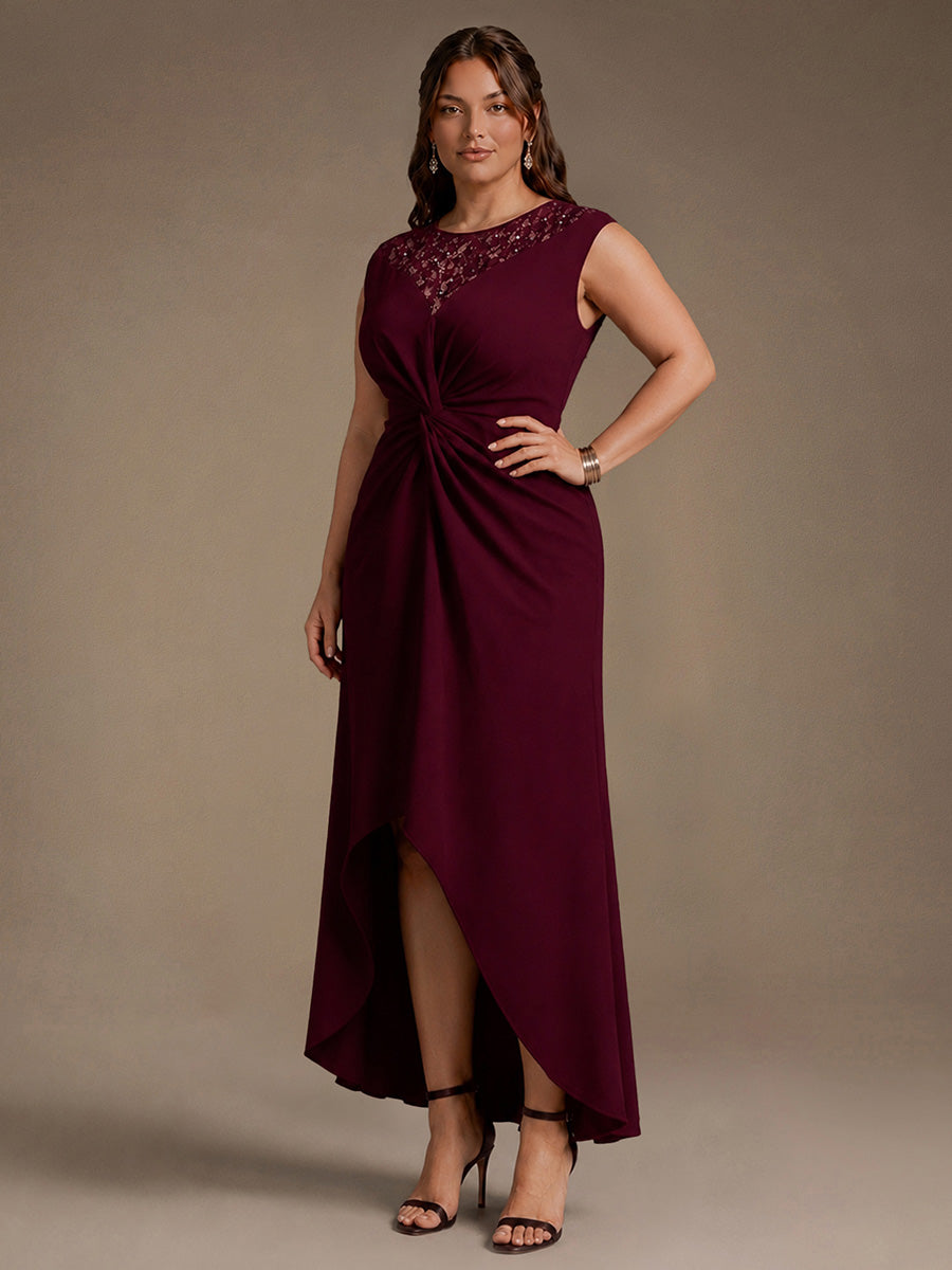 Robe A-Line ¨¤ sequins avec manches courtes et d¨¦tails transparents col rond et ourlet asym¨¦trique #Couleur_Bordeaux