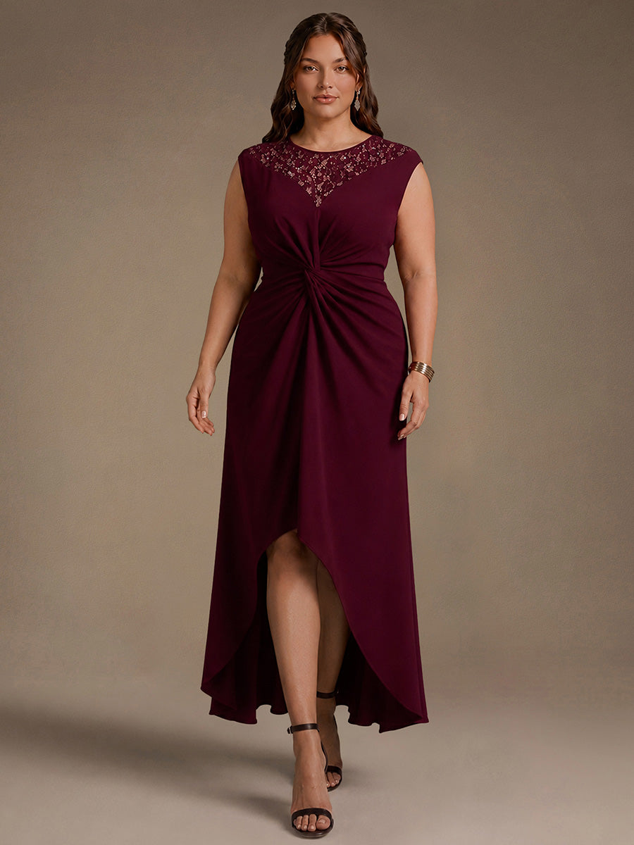 Robe A-Line ¨¤ sequins avec manches courtes et d¨¦tails transparents col rond et ourlet asym¨¦trique #Couleur_Bordeaux