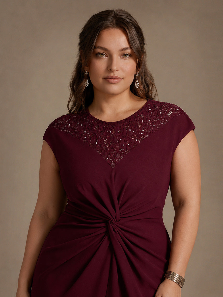 Robe A-Line ¨¤ sequins avec manches courtes et d¨¦tails transparents col rond et ourlet asym¨¦trique #Couleur_Bordeaux