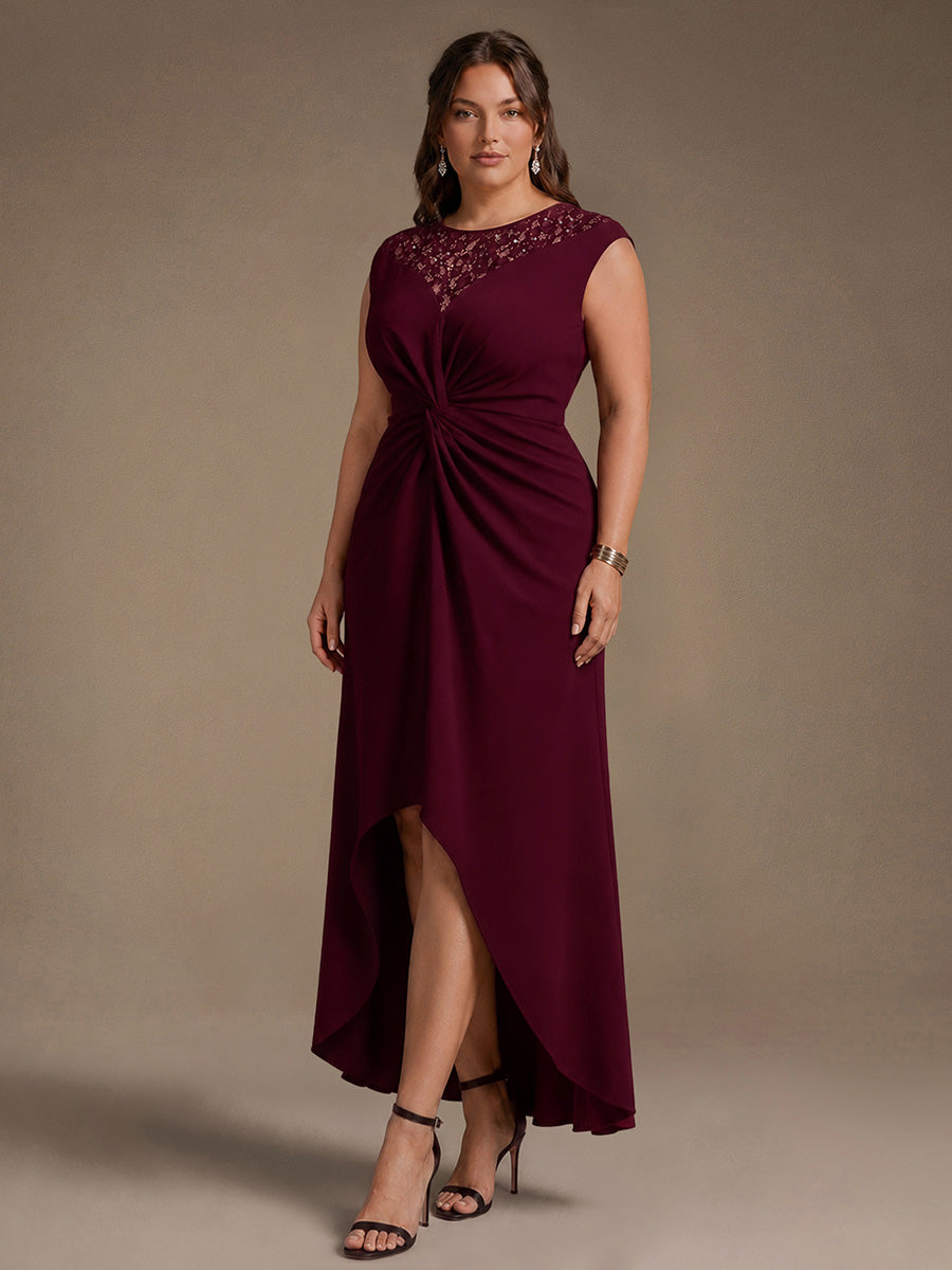 Robe A-Line ¨¤ sequins avec manches courtes et d¨¦tails transparents col rond et ourlet asym¨¦trique #Couleur_Bordeaux