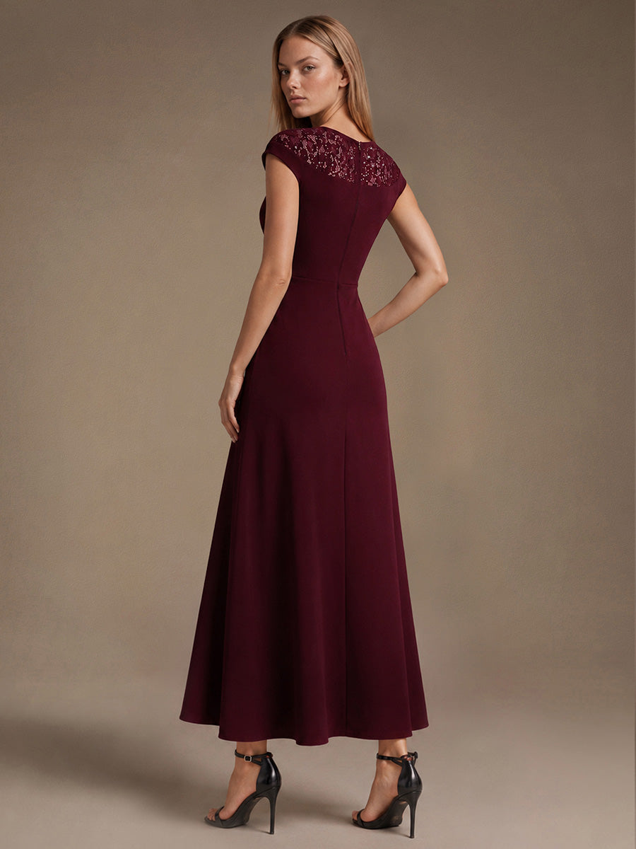 Robe A-Line ¨¤ sequins avec manches courtes et d¨¦tails transparents col rond et ourlet asym¨¦trique #Couleur_Bordeaux