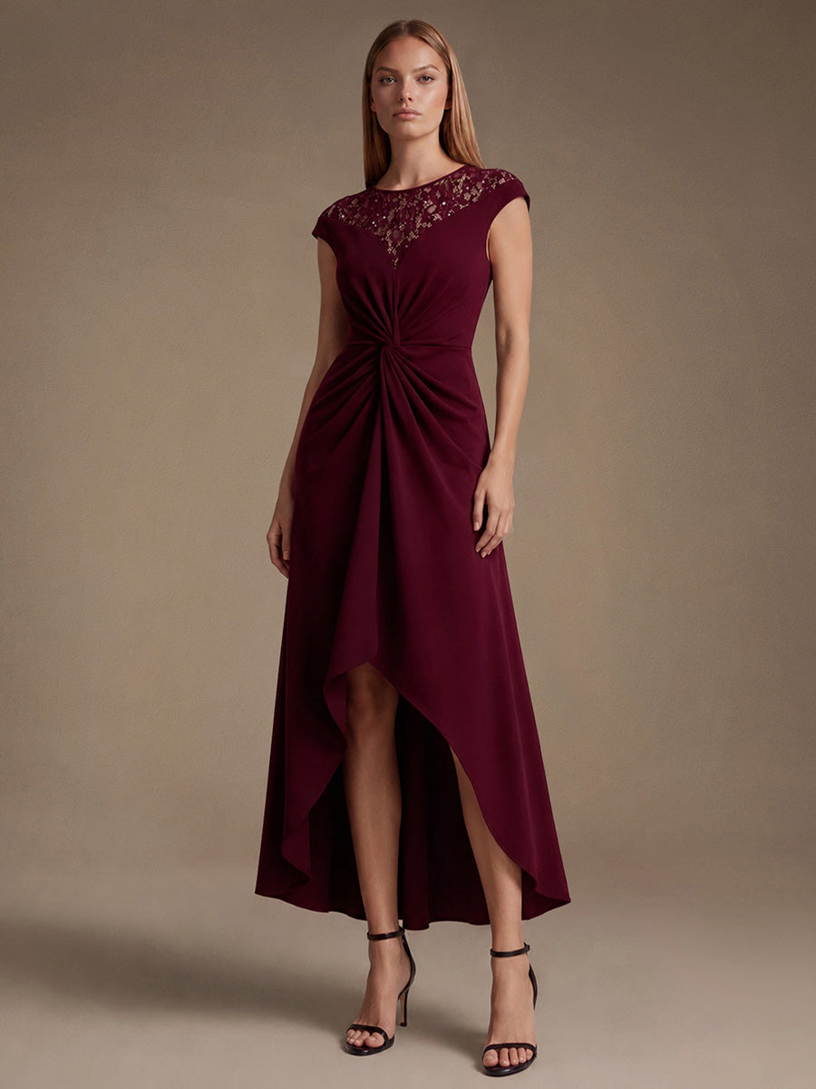 Robe A-Line ¨¤ sequins avec manches courtes et d¨¦tails transparents col rond et ourlet asym¨¦trique #Couleur_Bordeaux