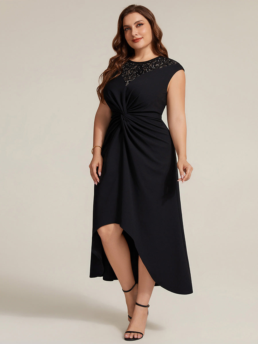 Robe A-Line ¨¤ sequins avec manches courtes et d¨¦tails transparents col rond et ourlet asym¨¦trique #Couleur_Noir