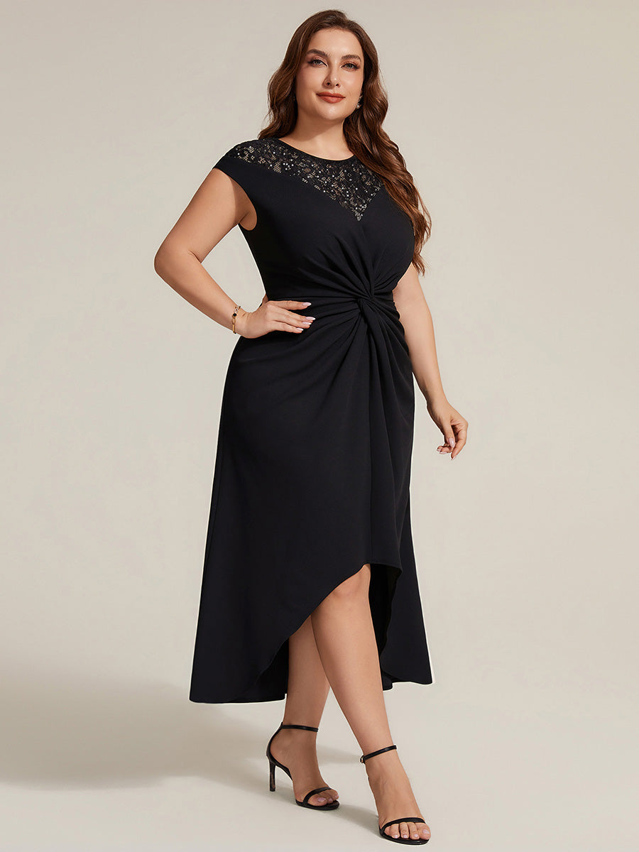 Robe A-Line ¨¤ sequins avec manches courtes et d¨¦tails transparents col rond et ourlet asym¨¦trique #Couleur_Noir