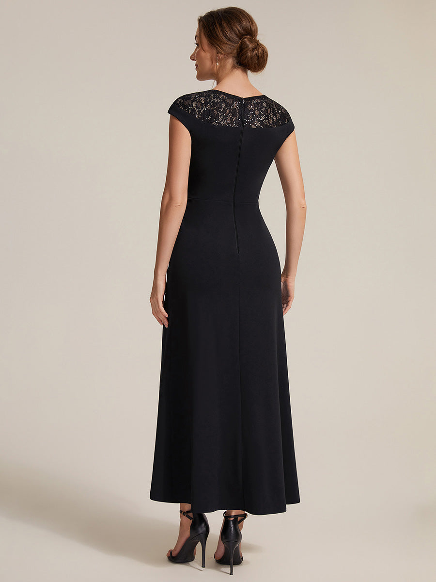 Robe A-Line ¨¤ sequins avec manches courtes et d¨¦tails transparents col rond et ourlet asym¨¦trique #Couleur_Noir
