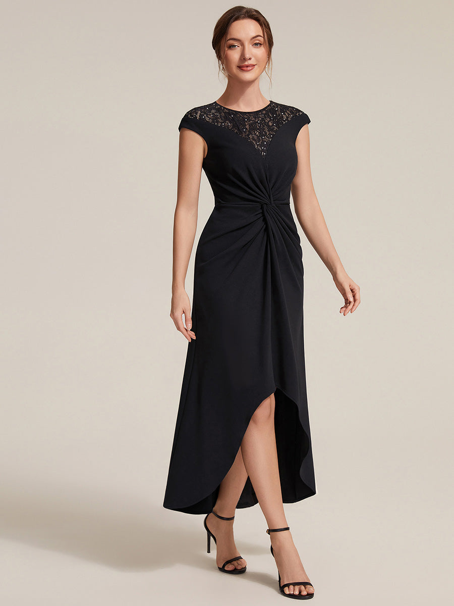 Robe A-Line ¨¤ sequins avec manches courtes et d¨¦tails transparents col rond et ourlet asym¨¦trique #Couleur_Noir