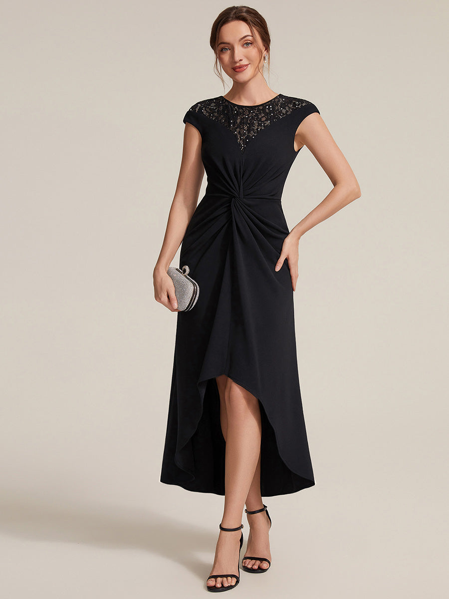 Robe A-Line ¨¤ sequins avec manches courtes et d¨¦tails transparents col rond et ourlet asym¨¦trique #Couleur_Noir