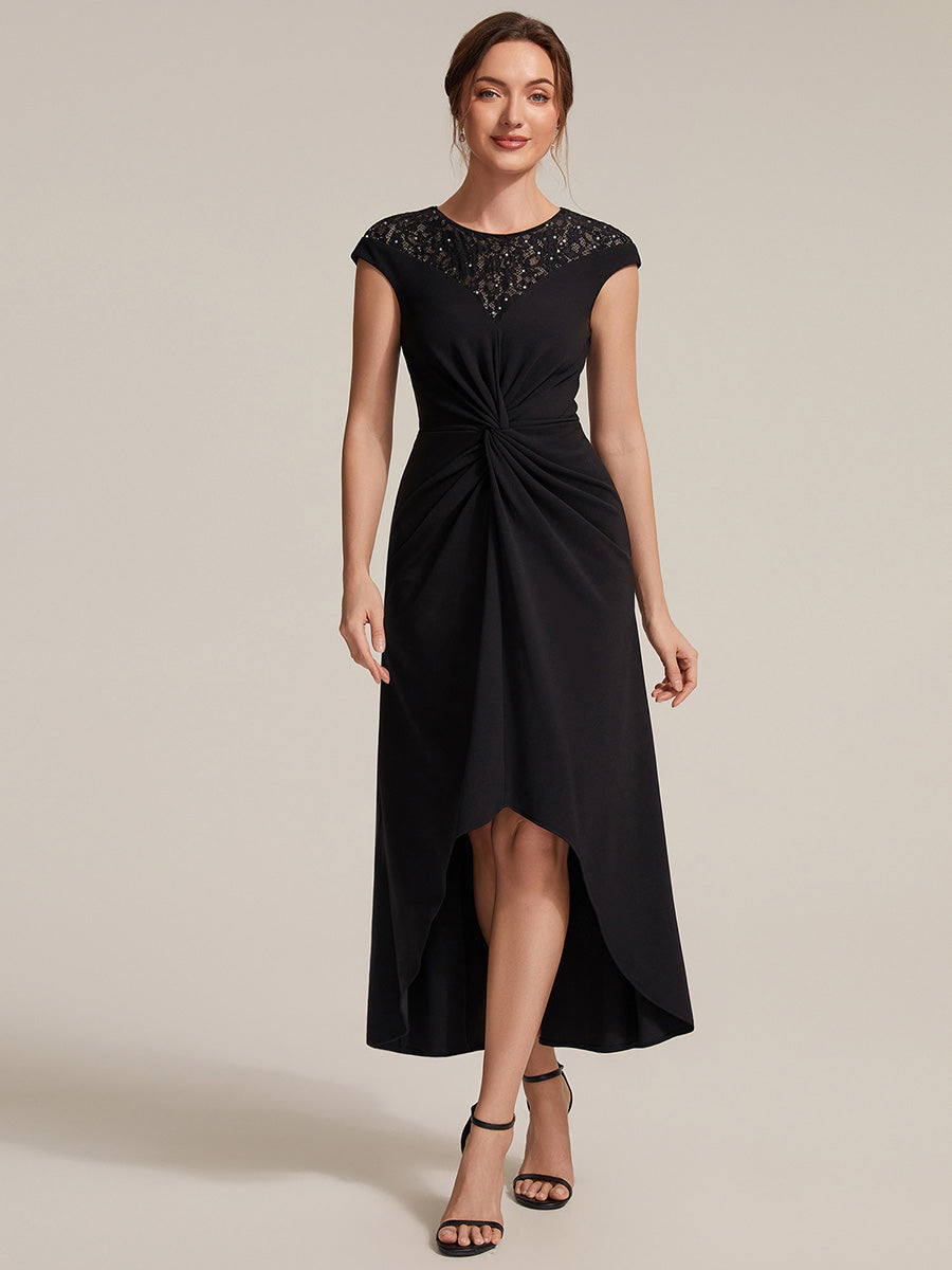 Robe A-Line ¨¤ sequins avec manches courtes et d¨¦tails transparents col rond et ourlet asym¨¦trique #Couleur_Noir