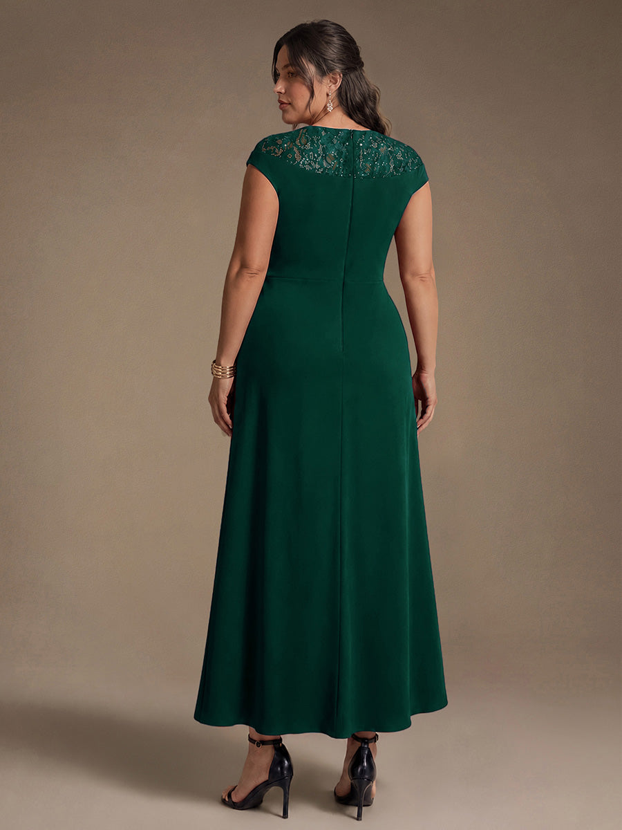 Robe A-Line ¨¤ sequins avec manches courtes et d¨¦tails transparents col rond et ourlet asym¨¦trique #Couleur_Vert Fonce
