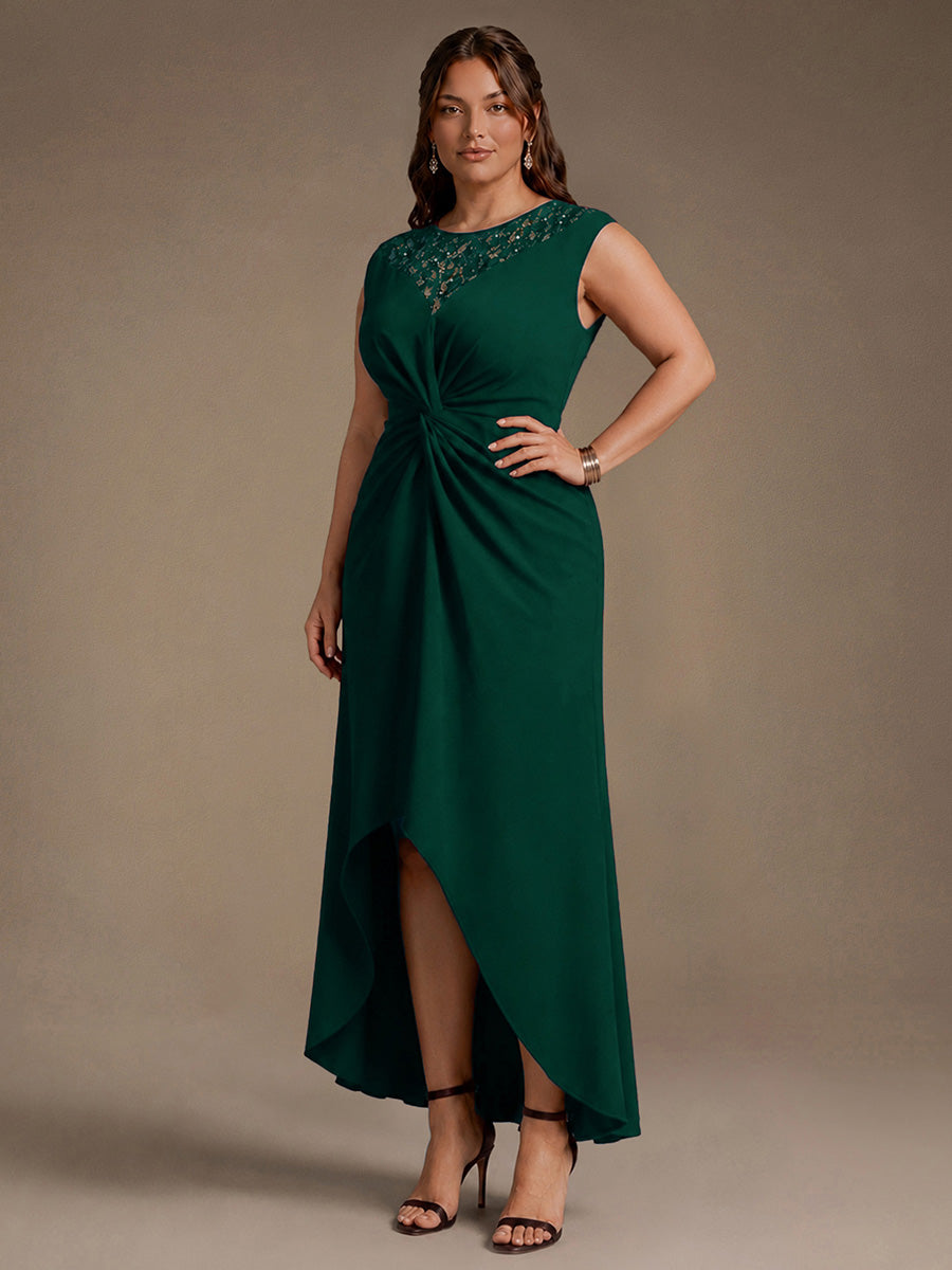 Robe A-Line ¨¤ sequins avec manches courtes et d¨¦tails transparents col rond et ourlet asym¨¦trique #Couleur_Vert Fonce