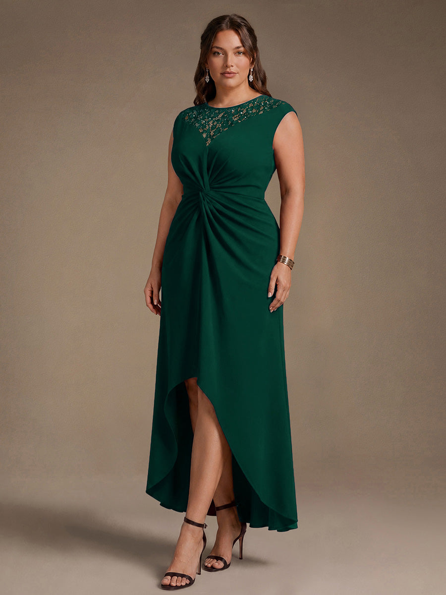 Robe A-Line ¨¤ sequins avec manches courtes et d¨¦tails transparents col rond et ourlet asym¨¦trique #Couleur_Vert Fonce