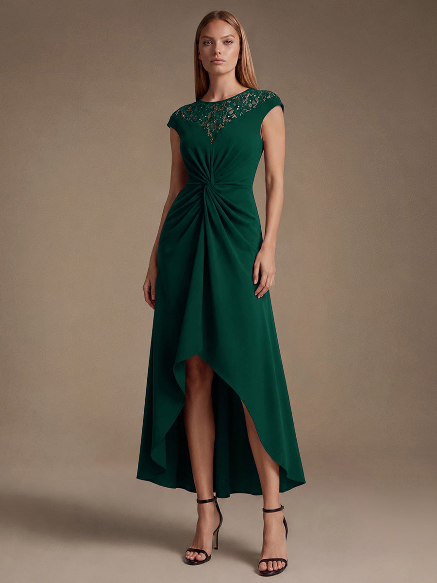 Robe A-Line ¨¤ sequins avec manches courtes et d¨¦tails transparents col rond et ourlet asym¨¦trique #Couleur_Vert Fonce