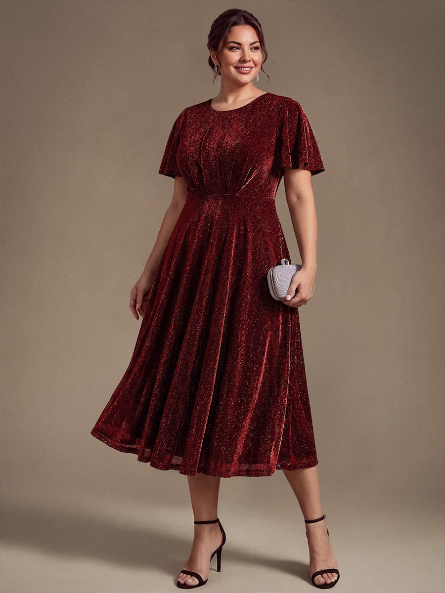 robe midi ¨¦vas¨¦e ¨¤ manches courtes col rond avec fermeture ¨¦clair au dos et tissu extensible #Couleur_Bordeaux