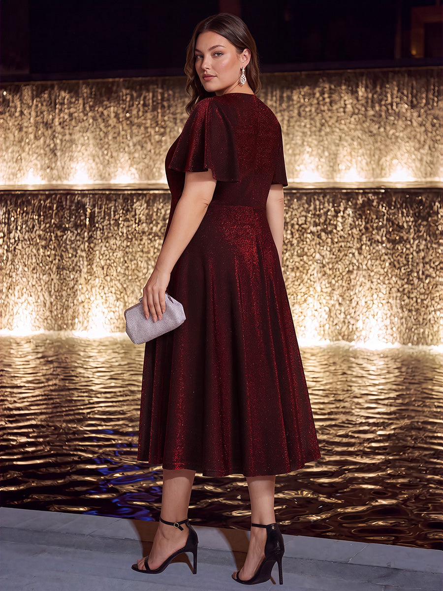 robe midi ¨¦vas¨¦e ¨¤ manches courtes col rond avec fermeture ¨¦clair au dos et tissu extensible #Couleur_Bordeaux