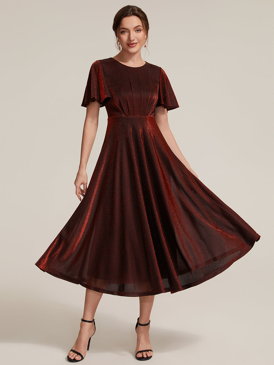 robe midi ¨¦vas¨¦e ¨¤ manches courtes col rond avec fermeture ¨¦clair au dos et tissu extensible #Couleur_Bordeaux