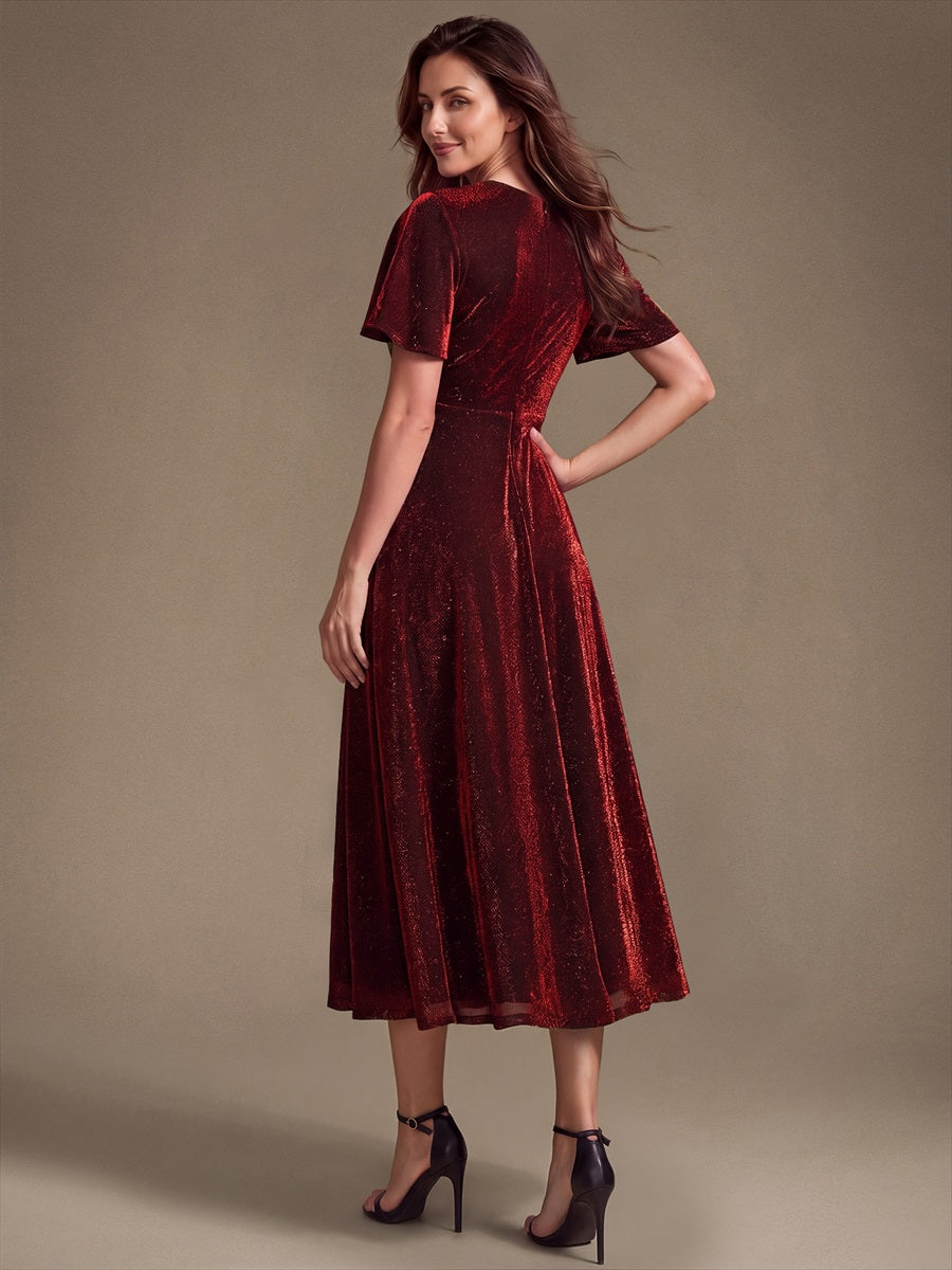 robe midi ¨¦vas¨¦e ¨¤ manches courtes col rond avec fermeture ¨¦clair au dos et tissu extensible #Couleur_Bordeaux