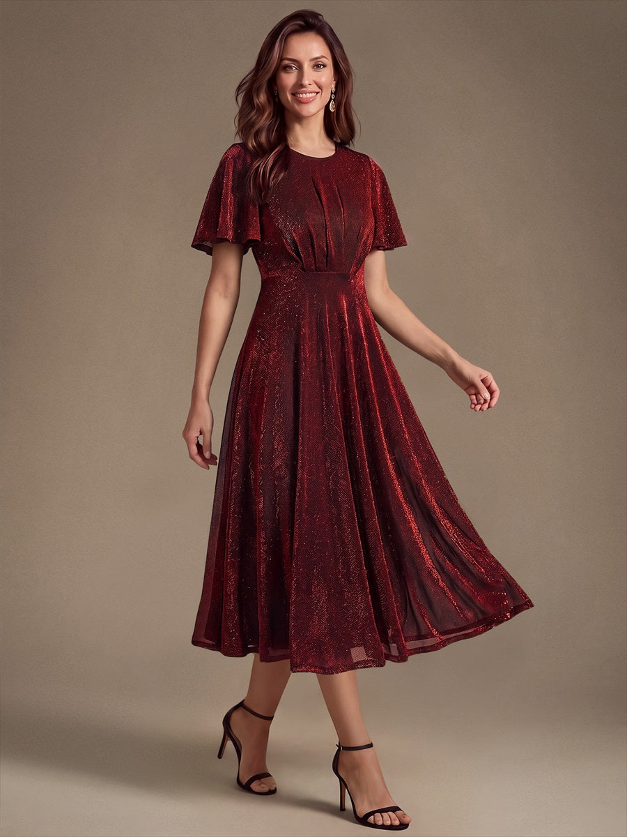 robe midi ¨¦vas¨¦e ¨¤ manches courtes col rond avec fermeture ¨¦clair au dos et tissu extensible #Couleur_Bordeaux