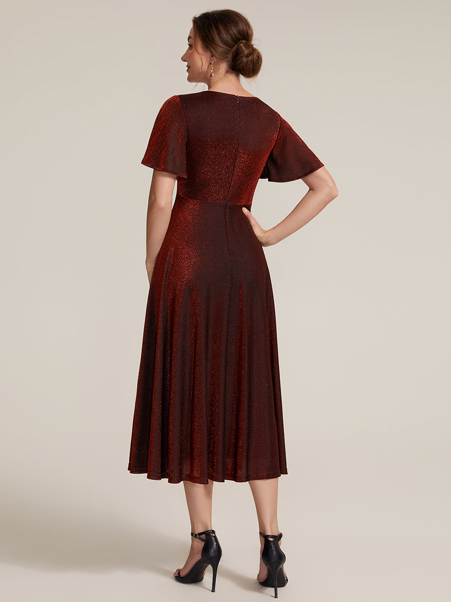robe midi ¨¦vas¨¦e ¨¤ manches courtes col rond avec fermeture ¨¦clair au dos et tissu extensible #Couleur_Bordeaux