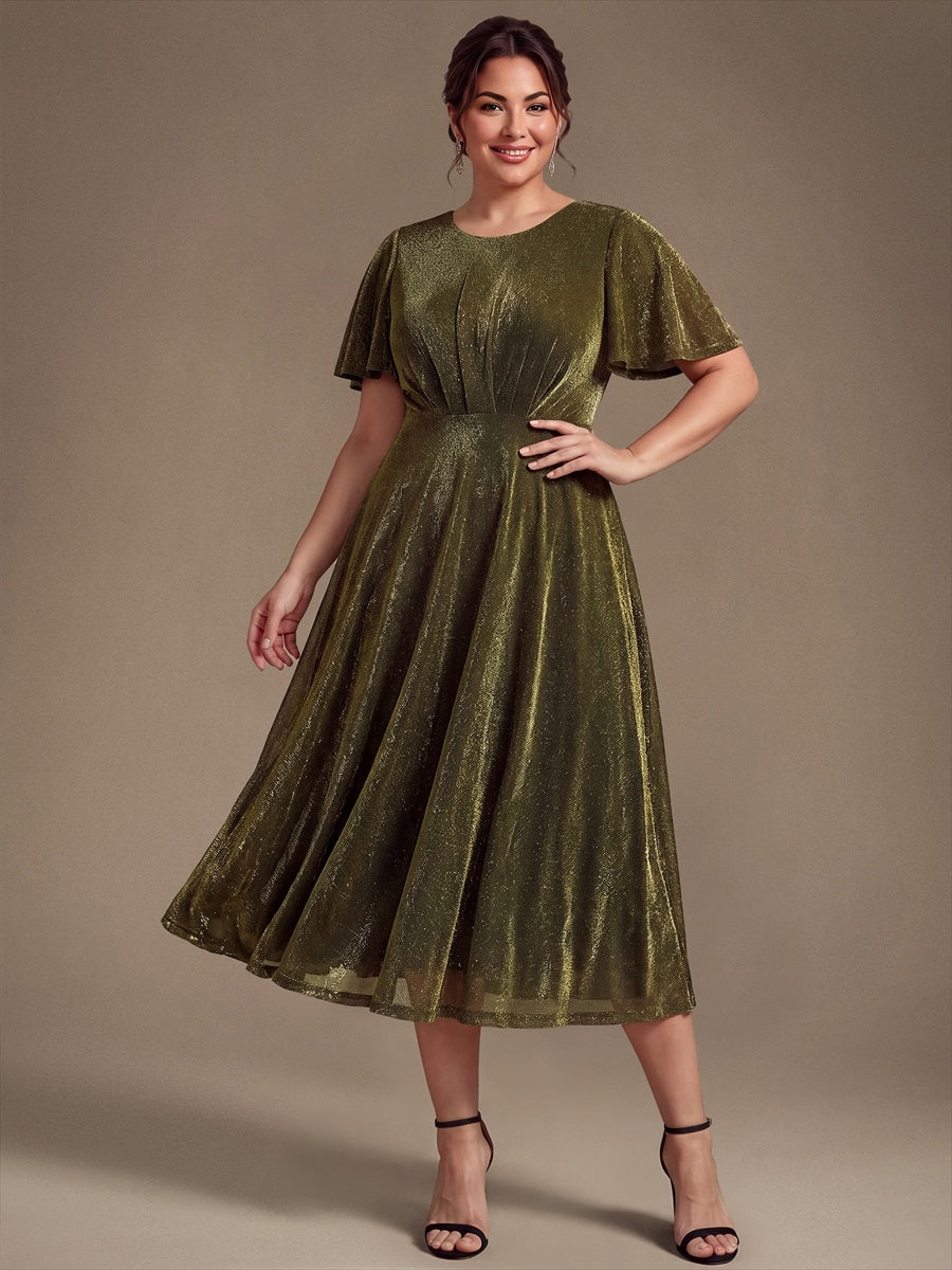 robe midi ¨¦vas¨¦e ¨¤ manches courtes col rond avec fermeture ¨¦clair au dos et tissu extensible #Couleur_Or métallique