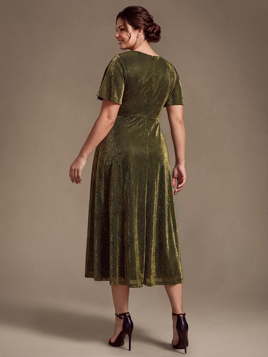 robe midi ¨¦vas¨¦e ¨¤ manches courtes col rond avec fermeture ¨¦clair au dos et tissu extensible #Couleur_Or métallique