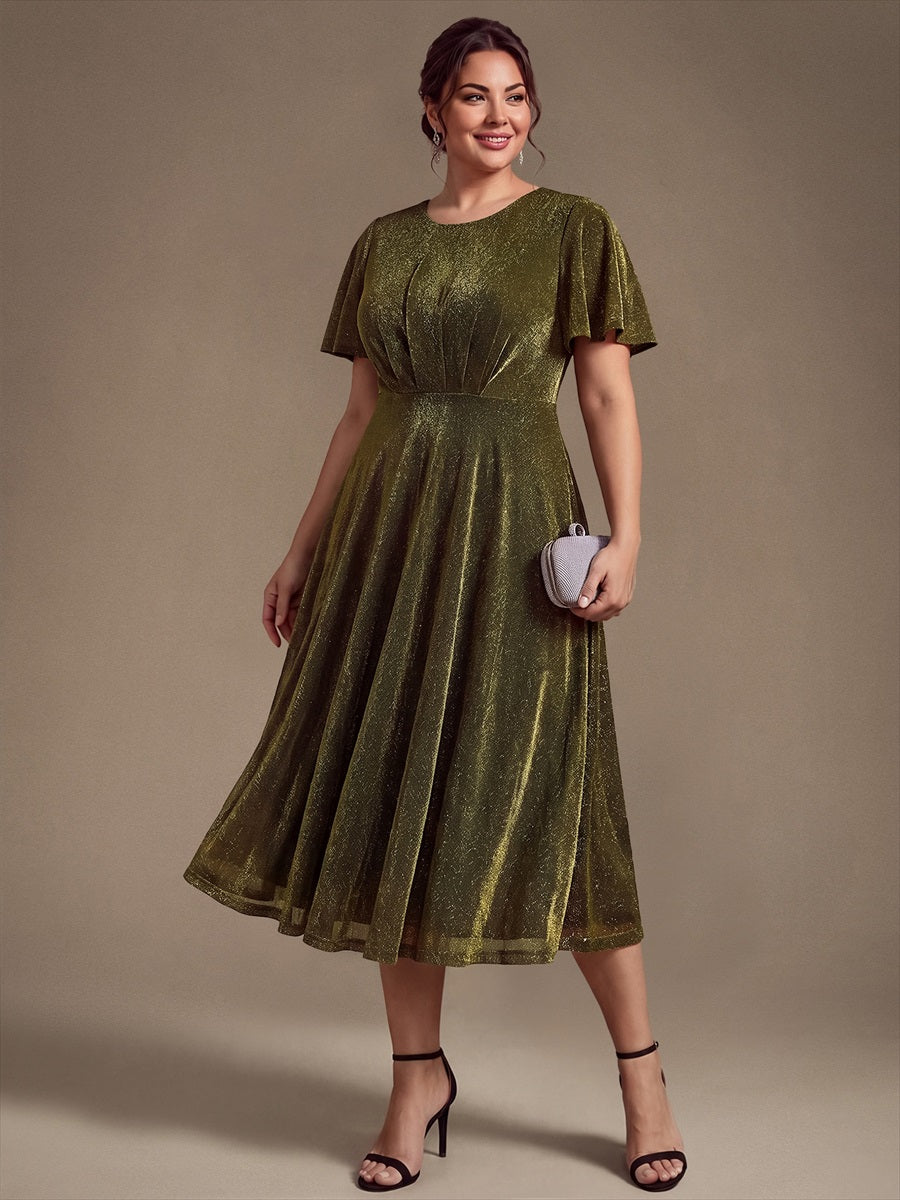 robe midi ¨¦vas¨¦e ¨¤ manches courtes col rond avec fermeture ¨¦clair au dos et tissu extensible #Couleur_Or métallique