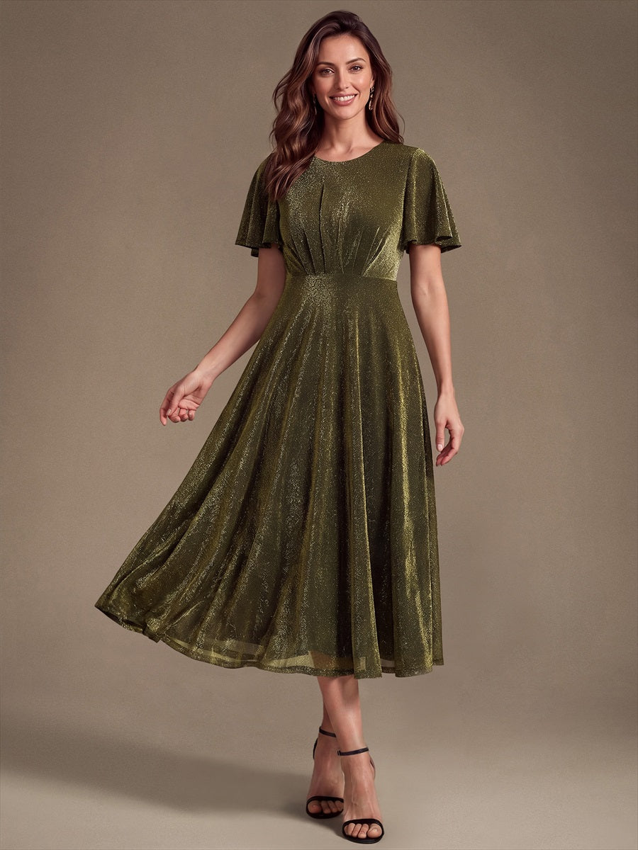 robe midi ¨¦vas¨¦e ¨¤ manches courtes col rond avec fermeture ¨¦clair au dos et tissu extensible #Couleur_Or métallique
