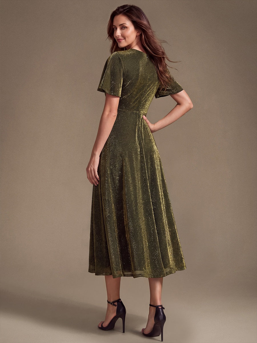 robe midi ¨¦vas¨¦e ¨¤ manches courtes col rond avec fermeture ¨¦clair au dos et tissu extensible #Couleur_Or métallique