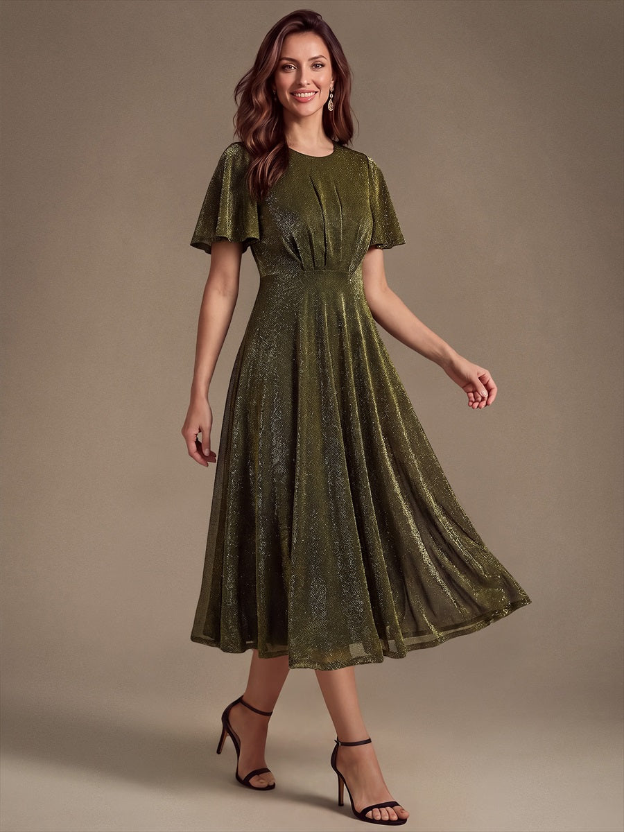 robe midi ¨¦vas¨¦e ¨¤ manches courtes col rond avec fermeture ¨¦clair au dos et tissu extensible #Couleur_Or métallique