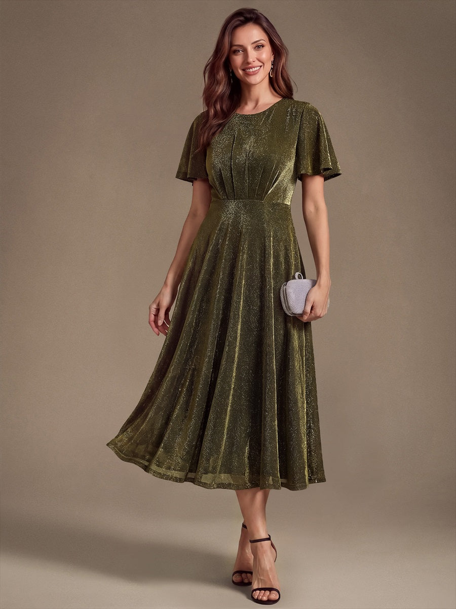 robe midi ¨¦vas¨¦e ¨¤ manches courtes col rond avec fermeture ¨¦clair au dos et tissu extensible #Couleur_Or métallique