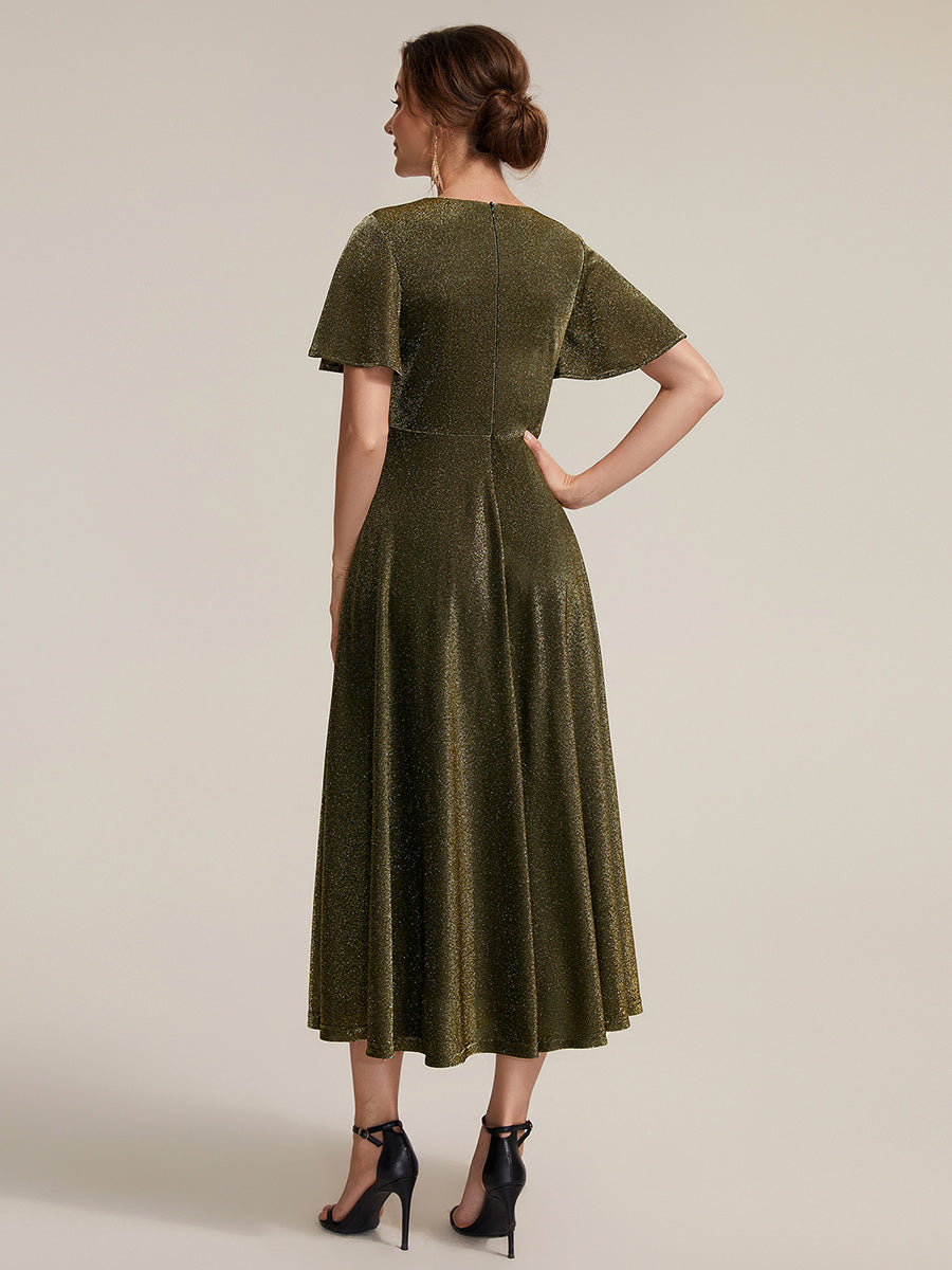 robe midi ¨¦vas¨¦e ¨¤ manches courtes col rond avec fermeture ¨¦clair au dos et tissu extensible #Couleur_Or métallique