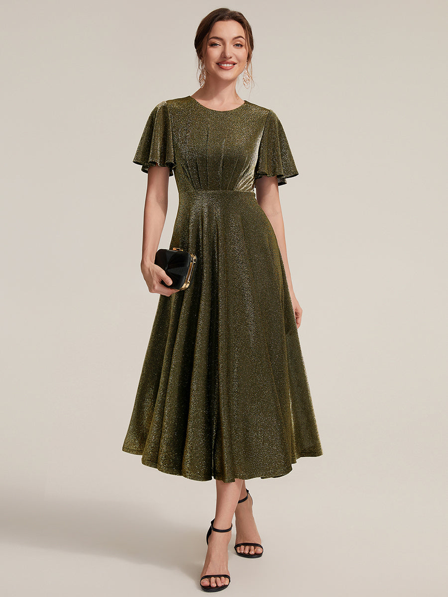 robe midi ¨¦vas¨¦e ¨¤ manches courtes col rond avec fermeture ¨¦clair au dos et tissu extensible #Couleur_Or métallique