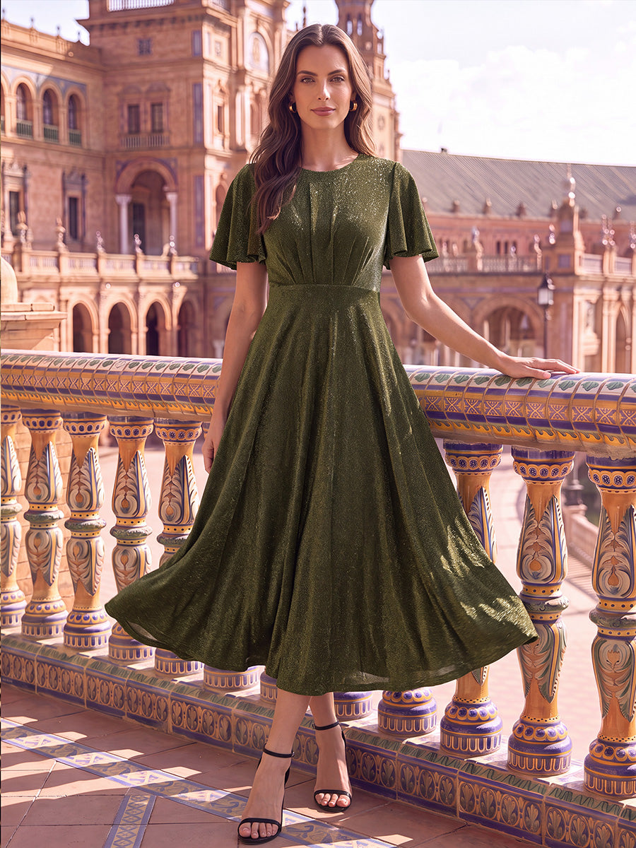 robe midi ¨¦vas¨¦e ¨¤ manches courtes col rond avec fermeture ¨¦clair au dos et tissu extensible #Couleur_Or métallique