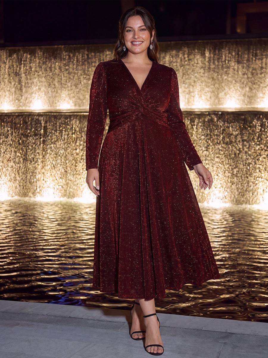 Robe longueur th¨¦ ¨¤ manches longues col crois¨¦ tr¨¨s extensible avec fermeture ¨¦clair au dos et d¨¦tail de n?ud #Couleur_Bordeaux