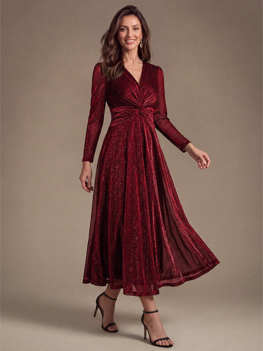 Robe longueur th¨¦ ¨¤ manches longues col crois¨¦ tr¨¨s extensible avec fermeture ¨¦clair au dos et d¨¦tail de n?ud #Couleur_Bordeaux