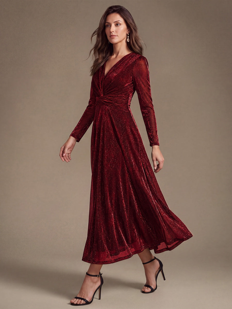 Robe longueur th¨¦ ¨¤ manches longues col crois¨¦ tr¨¨s extensible avec fermeture ¨¦clair au dos et d¨¦tail de n?ud #Couleur_Bordeaux