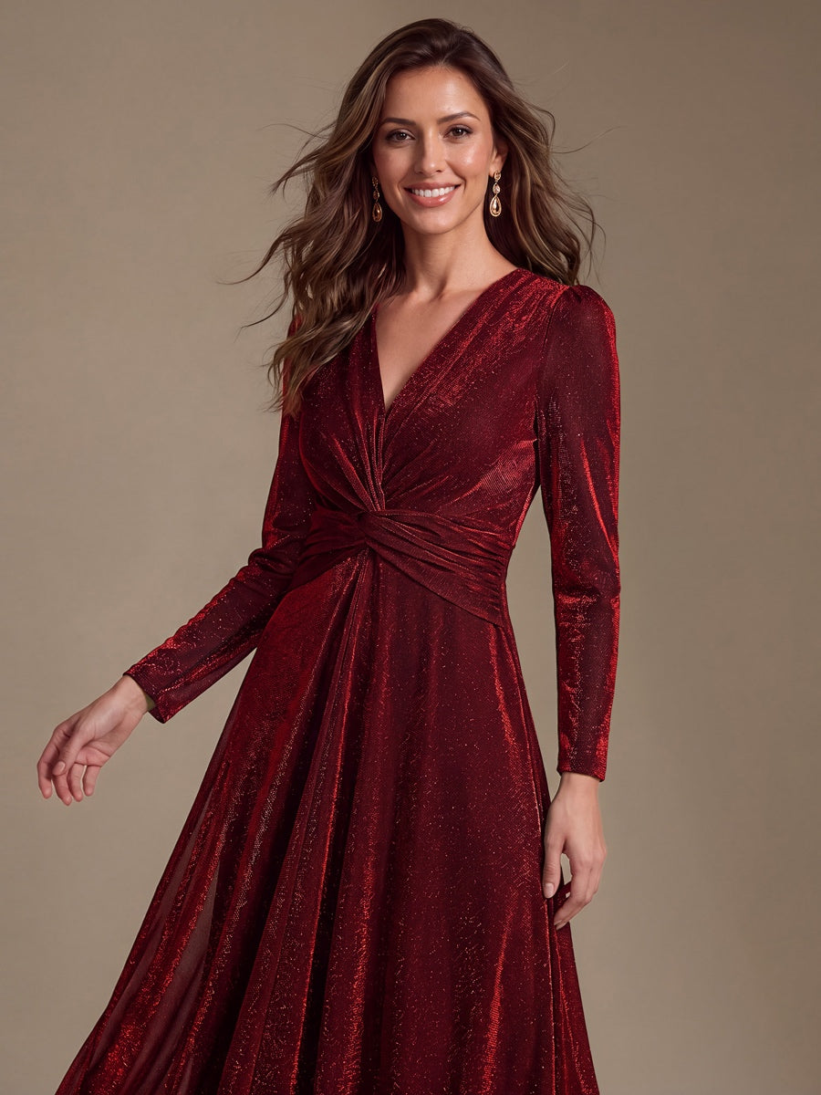 Robe longueur th¨¦ ¨¤ manches longues col crois¨¦ tr¨¨s extensible avec fermeture ¨¦clair au dos et d¨¦tail de n?ud #Couleur_Bordeaux