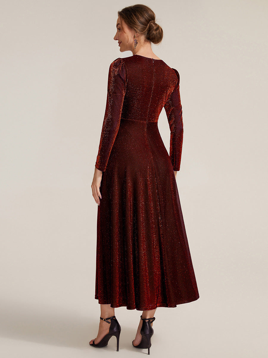 Robe longueur th¨¦ ¨¤ manches longues col crois¨¦ tr¨¨s extensible avec fermeture ¨¦clair au dos et d¨¦tail de n?ud #Couleur_Bordeaux