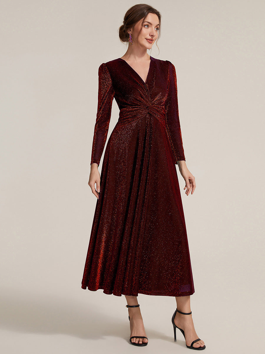 Robe longueur th¨¦ ¨¤ manches longues col crois¨¦ tr¨¨s extensible avec fermeture ¨¦clair au dos et d¨¦tail de n?ud #Couleur_Bordeaux